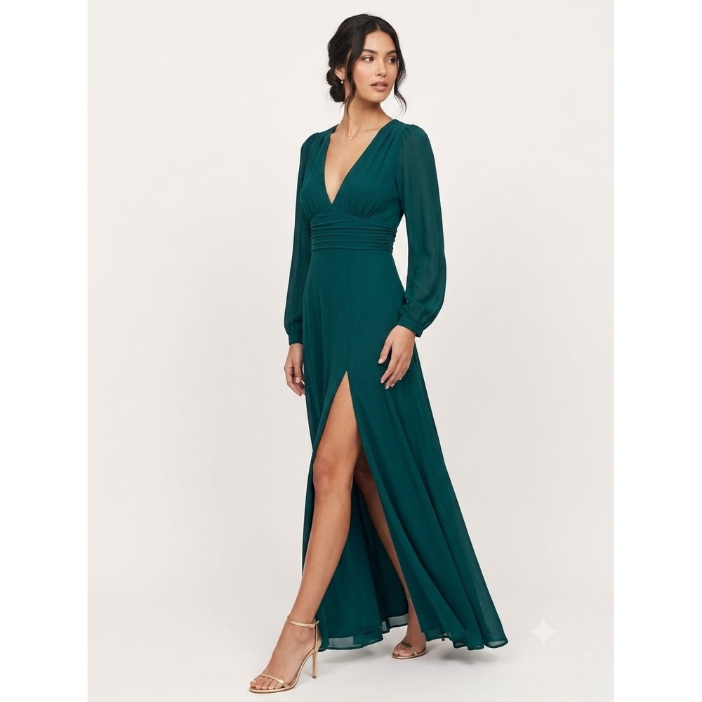 New Lulus Maxi Dress Small Green V-Neck‎ Long Sleeve Formal Gown Wedding Guest